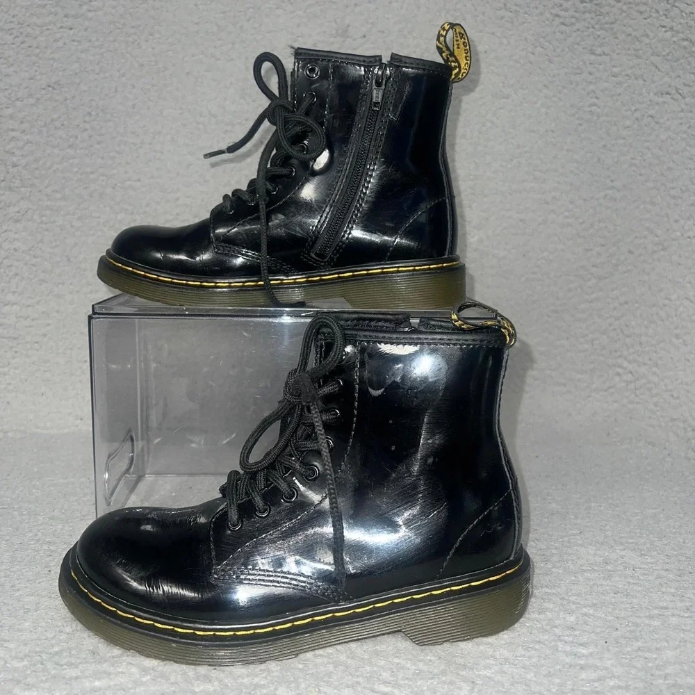 Dr. Martens 1460 J Boots Youth Sz 3 Black Patent Leather Side‎ Zip Lace Up Shoes